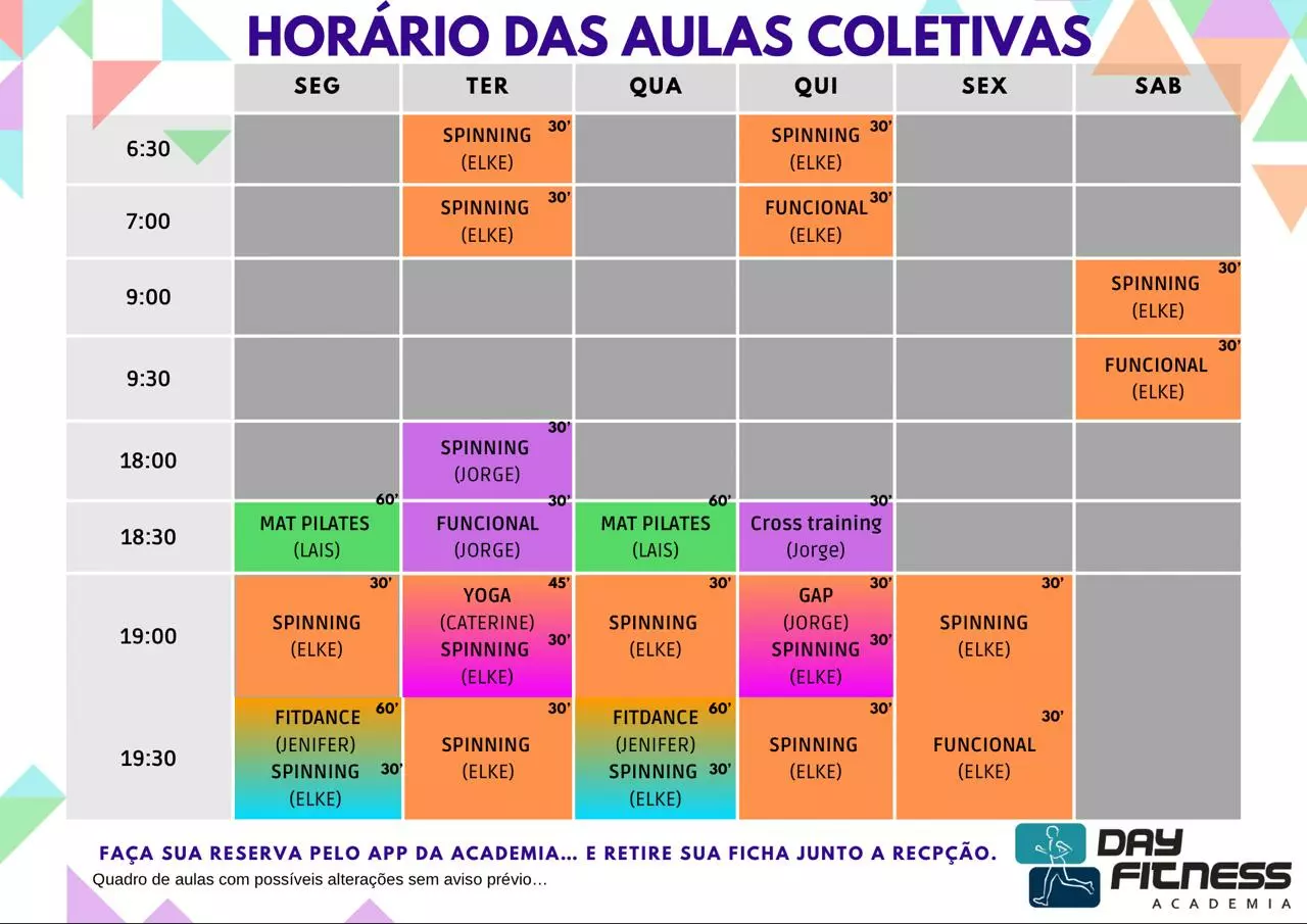 Temos modalidades gratuitas para todos os alunos do plano de musculação. Na imagem
                        é possivel ver aulas Mat Pilates, Fitdance, Spinning, Funcional e Ritbox. Aulas de segunda, terça, quarta-feira, quinta-feira, 
                        sexta-feira.