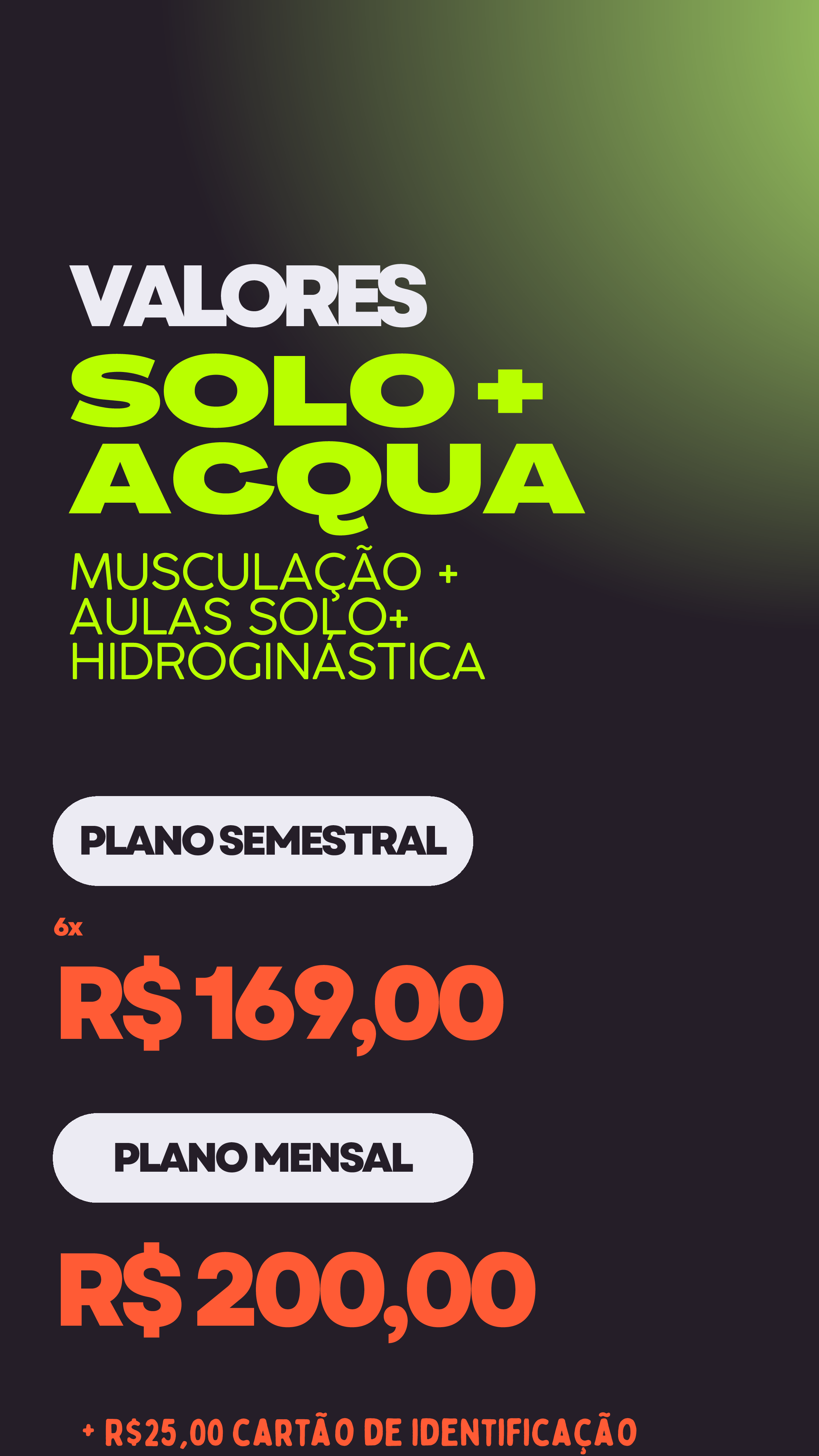 Plano SOLO + ACQUA, musculação + aulas solo + hidroginástica